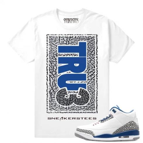 Match Jordan 3 True Blue OG Rare Air True Print White T shirt