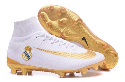 Nike Mercurial Superfly V FG Real Madrid Soccers Shoes White Golden